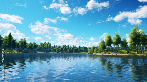  Blue sky and green trees over lake.