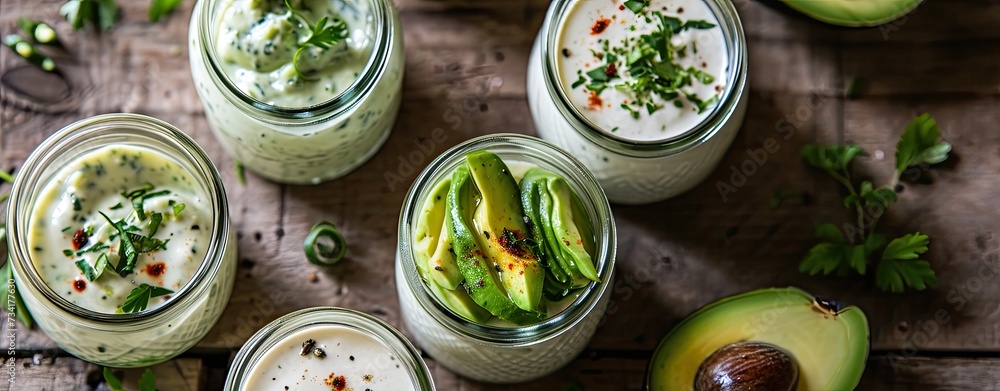 Assorted small jars of homemade ranch dressing with avocado, herbs, and hot pepper. - obrazy, fototapety, plakaty 