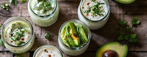 Assorted small jars of homemade ranch dressing with avocado, herbs, and hot pepper. photo