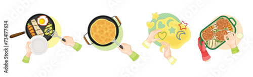 Hands Preparing and Cooking Food Above View Vector Set