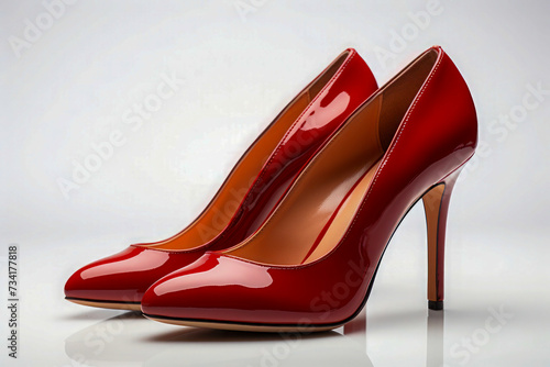 Shiny Red Patent Leather High Heel Shoe on White Surface