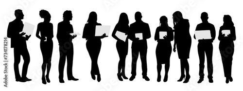 Silhouettes of Business people working at laptop. Different men, women wearing smart casual, formal office outfits standing, looking at computer. Vector black illustration isolated on white background