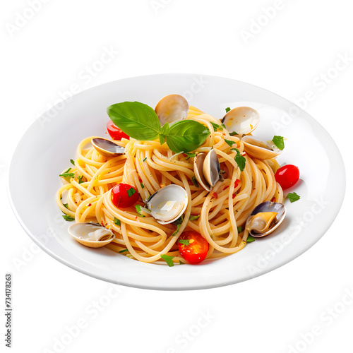 Spaghetti alle vongole top view on a white plate, isolated on white background