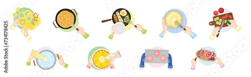 Hands Preparing and Cooking Food Above View Vector Set