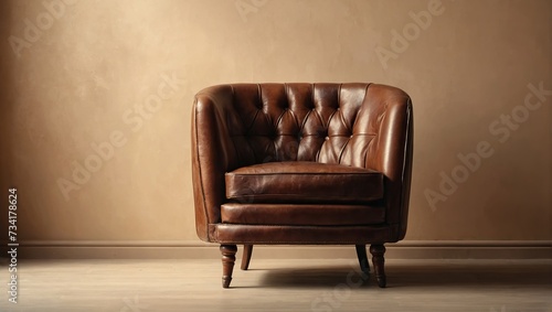 Luxury vintage brown leather Armchair against beige blank Wall Interior space in a large empty room with shadows, copy space