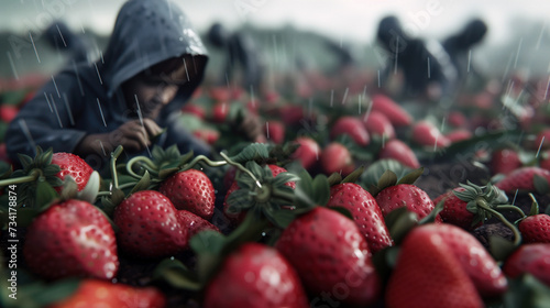 A child busy picking strawberries in a field in the rain. Illegal forced child labor. The concept of illegal human trafficking