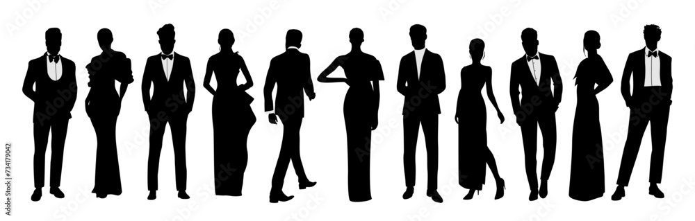 Silhouettes of different multiracial people wearing fashionable clothes for evening event, cocktail or party. Men in tuxedo, women in gowns. Black vector illustration isolated on white background.