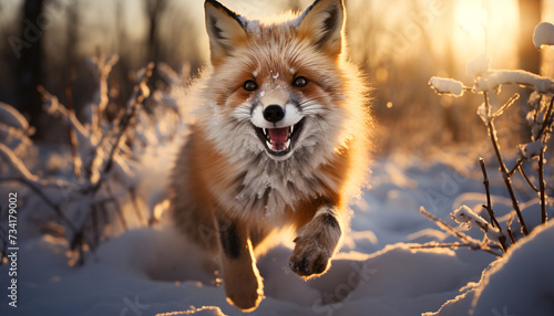 A cute red fox playing in the snowy forest generated by AI
