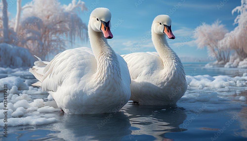 Fototapeta premium Mute swan glides on icy pond, reflecting winter beauty generated by AI