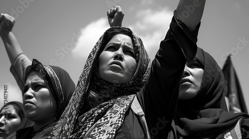Arab women at a rally with raised fists, women's day © Alina