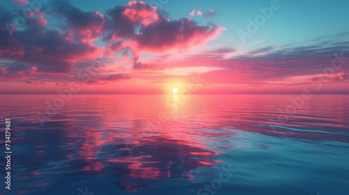 Sunset over the ocean, calm waters, with pink clouds and the sun touching the horizon in a tranquil scene