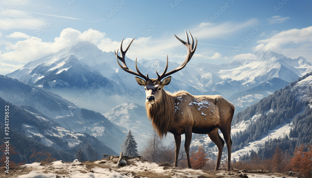 Majestic deer grazes in tranquil winter meadow, Alberta beauty generated by AI