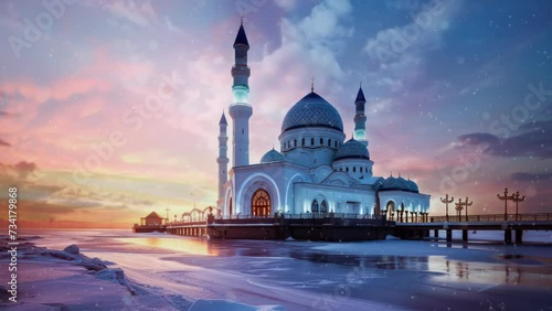 Seamless looping 4K virtual video animation of Ramadan Kareem featuring beautiful mosque photo