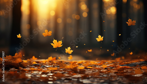 Vibrant autumn leaves falling, nature beauty in yellow and orange generated by AI