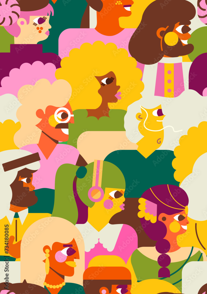 Obraz premium Seamless pattern of various people of the world. The design conveys the mixture of cultures, unity, diversity of population and community from all corners of the earth. Illustration in flat style.