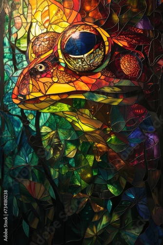 Stained glass window background with colorful Frog abstract.
