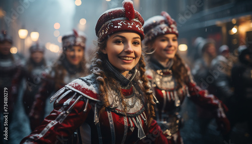 Young adults smiling outdoors, celebrating winter festival, illuminated night, joyful togetherness generated by AI