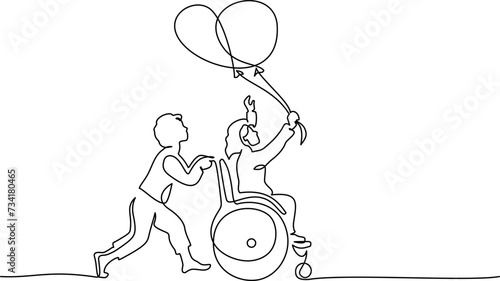 Happy disabled girl with balloons and healthy boy run outdoor.