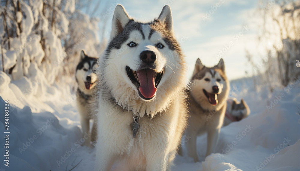 Naklejka premium Cute sled dog running in snowy forest, bringing joy generated by AI