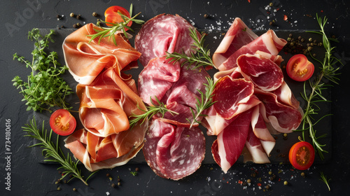 Top view of Italian Prosciutto with pork ham slices on a black background. Prosciutto ham on a black background, Charcuterie Board. top view of set antipasti with sliced salami, prosciutto, ham