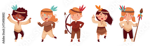 Little Boy and Girl Play Indian Wear Costume Vector Set