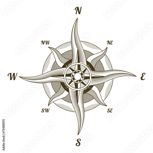 Retro nautical compass. Hand drawn wind rose. Old vector design element for marine theme and heraldry. Vintage rose of wind for sea marine navigation
