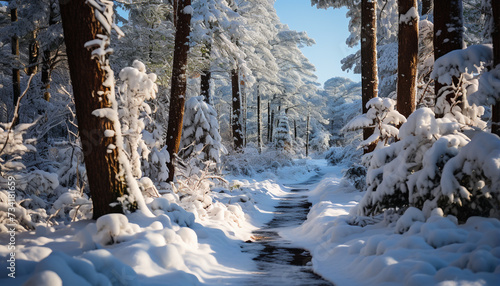 Winter landscape snow covered forest  frozen pine trees  tranquil beauty generated by AI