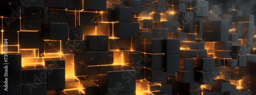 fire cube wallpaper, in the style of dark gray and light bronze, cubist fragmentation of space, conceptual digital art, extruded design, golden light, mosaic-like, indust photo
