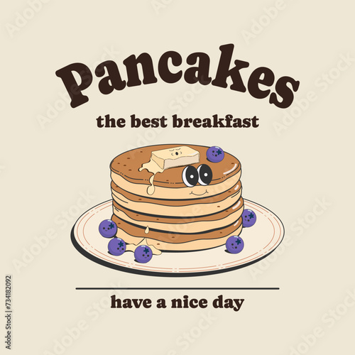 Poster, sticker, print with cute, cartoon pancakes with blueberries. trendy vector illustration in retro style of the 60s-70s for cafe and restaurant menus.
