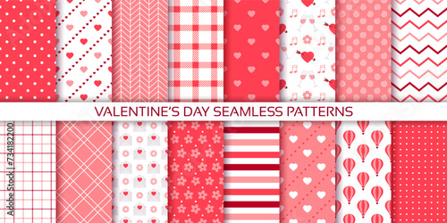 Valentine's day pattern. Cute seamless background. Red pink prints with hearts, polka dot, check, zigzag. Set of love textures for scrapbooking. Vintage girly wrapping papers. Vector illustration
