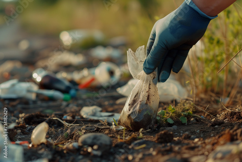 Zoom on a hand picking up trash in nature or in an urban environment