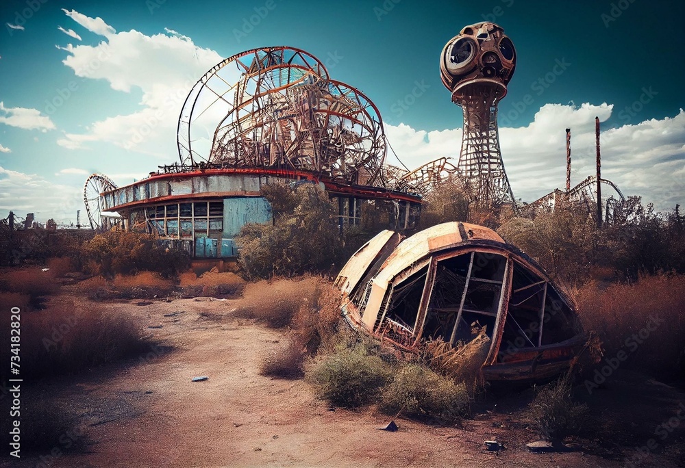 Abandoned amusement park in destroyed post apocalyptic world. City ​​catastrophe landscape background. Generative AI - obrazy, fototapety, plakaty 