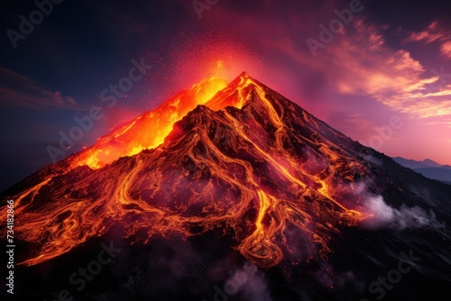 A gigantic mountain looms before the viewer, with a powerful and captivating flow of lava streaming down its slopes.
