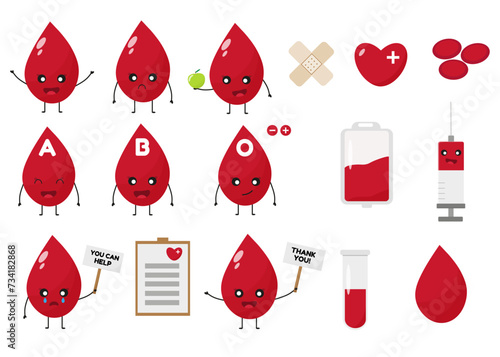 Vector set of blood donors blood bag hearts blood drop blood groups hand drawn vector sticker