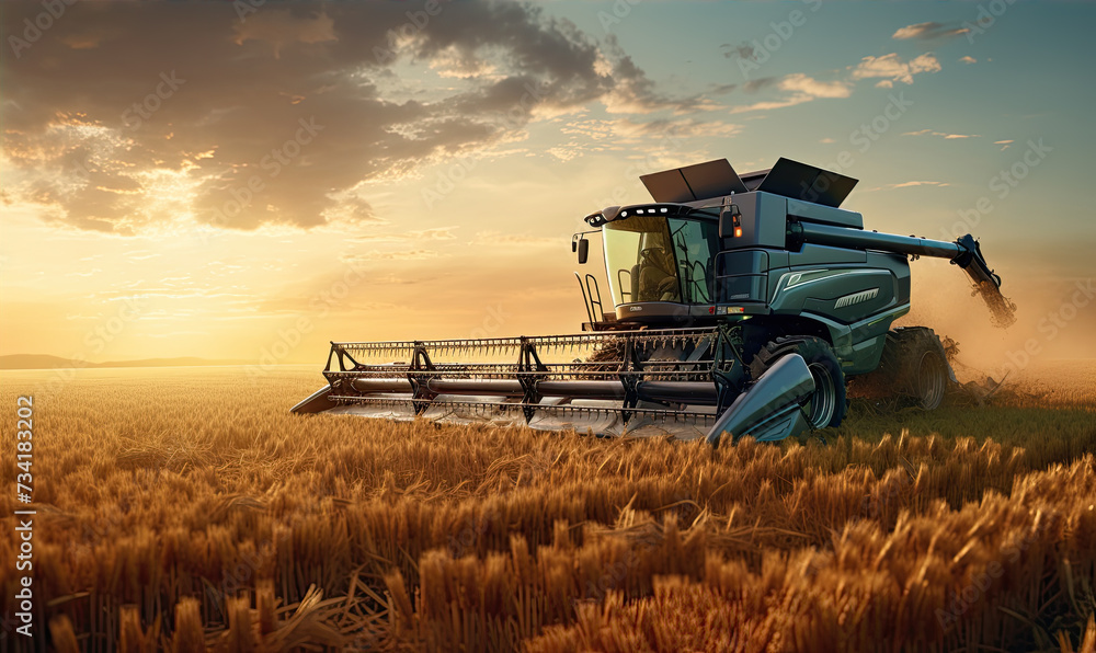 Naklejka premium Combine harvester harvesting the wheat on the amazing wheat field