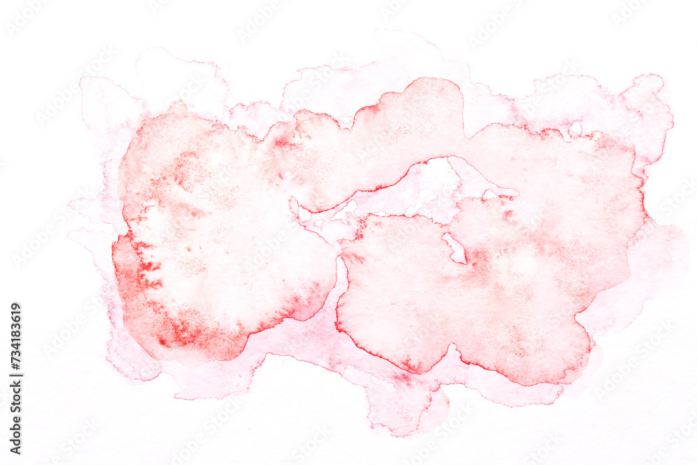 Abstract liquid art background. Red watercolor translucent blots on white paper