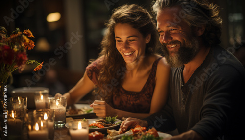 Two young adults  a man and a woman  sitting at a table indoors  smiling and enjoying a meal together generated by AI