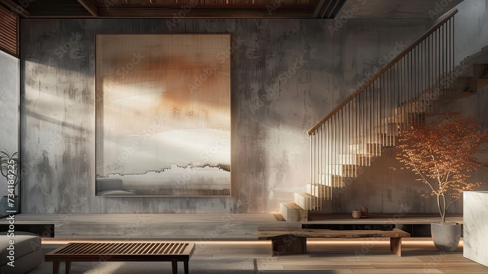 a Zen-style living space with stairs, an oil painting in a wooden frame, in light gray and amber tones, while a mural with a translucent overlay adds depth and tranquility to the space a Zen-style living space with stairs, an oil painting in a wooden frame, in light gray and amber tones, while a mural with a translucent overlay adds depth and tranquility to the space