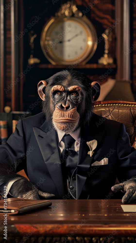 A backdrop background featuring a conference setting with its main speaker being a well dressed white collar monkey