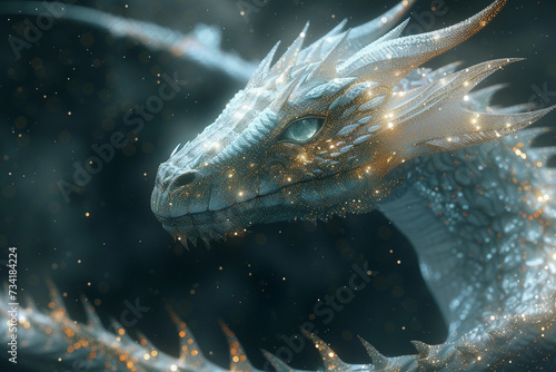 A 3D animation of a dragon with scales made from tiny shimmering stars