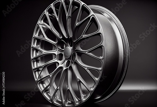 Modern automotive alloy wheel made of aluminum on a black background, industry. Designer fashion wheels for car. Generative AI photo