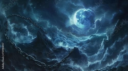A cascade of celestial chains draped over moonlit landscapes unique
