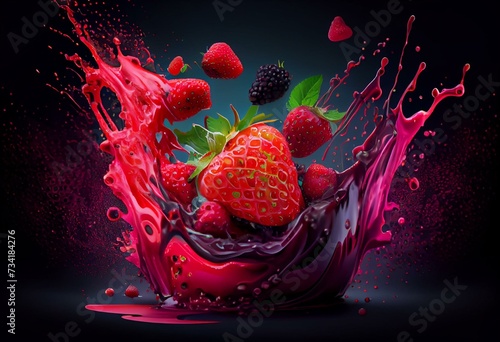 Sweet tasty fresh ripe strawberry raspberry, blackberry juice blend mix splash swirl with strawberry, blackberry and raspberry. Red berry juice splashing with forest fruits isolated.3D. Generative AI