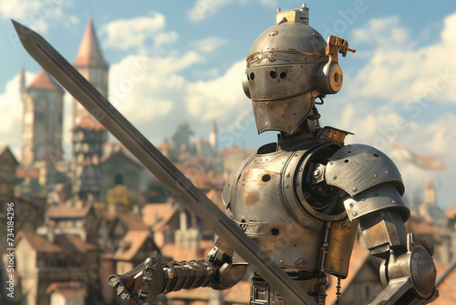 A charismatic robot skilled in sword fighting within the sublime backdrop of a medieval city