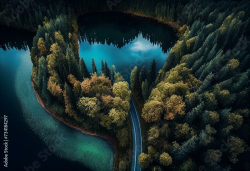 Aerial view of road between green forest and blue lake in Finland. Generative AI photo