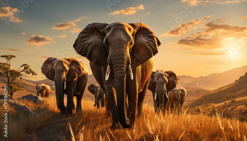 African elephant herd walking in the tranquil savannah landscape generated by AI © Gstudio