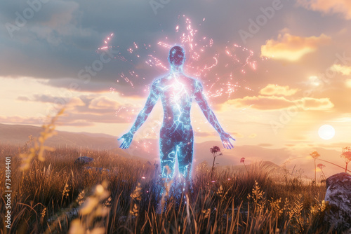 A human character with nuclear energy superpowers generating an aura of power set in 3D in a serene countryside background photo