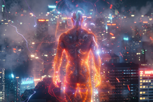 A human character with nuclear superpowers flaunting a neon lit body set against a backdrop of a dark cityscape dotted with bright lights