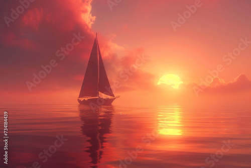 A lone yacht at sea during a melancholic sunset emphasizing sadness and solitude