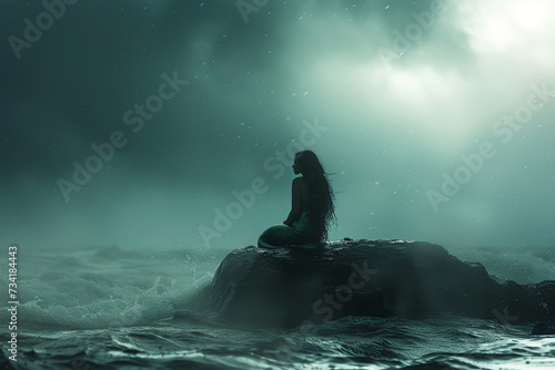 A melancholic mermaid sitting on a rock in the middle of a stormy ocean a picture of sadness and longing photo